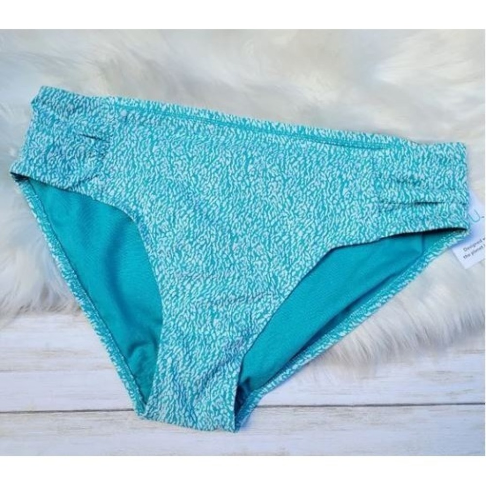 NEW Time And Tru Mid Rise Bikini Bottom aqua white Plus size 2X (20w-22w) Ruched